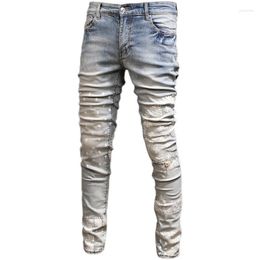 Jeans pour hommes High Street Fashion Hip-Hop Retro Wash Distressed Cashew Nut Print Broderie Stretch Slim Men'S Trendy Brand Pencil