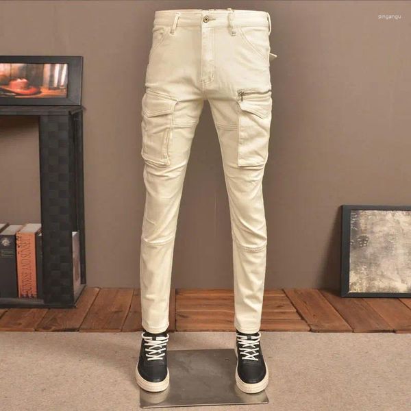 Jeans pour hommes High Street Mode Hommes Beige Blanc Stretch Skinny Fit Épissé Biker Homme Poche Designer Hip Hop Denim Pantalon