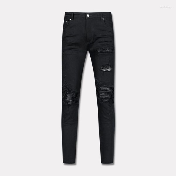 Jeans pour hommes High Street Fashion Hommes Noir Couleur Élastique Stretch Maigre Déchiré En Cuir Patché Designer Hip Hop Marque Pantalon