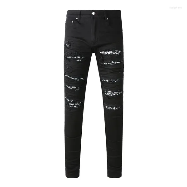 Jeans para hombres High Street Fashion Men Black Stretch Skinny Fit Ripped Cuero Paisley Parcheado Diseñador Hip Hop Marca Pantalones