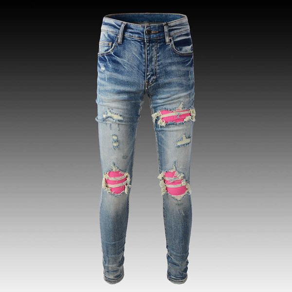 Jeans pour hommes High Street Fashion Jeans pour hommes Retro Light Blue Elastic Slim Fit Destroyed Ripped Jeans Men Patched Designer Brand Hip Hop Pants Z0508