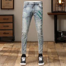 Jeans pour hommes High Street Fashion Men Retro Blue Light Stretch Skinny Fit Ripped PEINTE PEWING HOP HOP HOP DENIM PANT