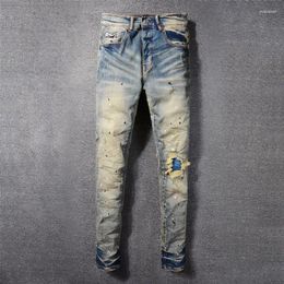 Jeans pour hommes High Street Men Retro Yellow Blue Stretch Skinny Fit Ripped Ripped Designer Hip Hop Brand Brand Hombre