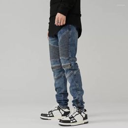 Pantalones vaqueros para Hombre, moda de calle alta, Retro, azul, elástico, ajustado, rasgado, motorista, empalmado, diseñador, cremallera, Hip Hop, Punk, pantalones para Hombre