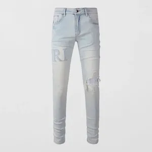 Jeans pour hommes High Street Mode Hommes Rétro Bleu Clair Stretch Skinny Ripped Perles Patch Designer Hip Hop Marque Pantalon Hombre