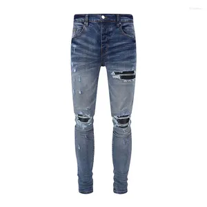 Jeans pour hommes High Street Men Retro Blue Stretch Skinny Fit Ripped Leather Patched Designer Hip Hop Brand Brand Hombre