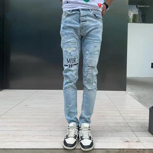 Jeans pour hommes High Street Mode Hommes Rétro Bleu Clair Élastique Stretch Patché Ripped Broderie Designer Hip Hop Pantalon