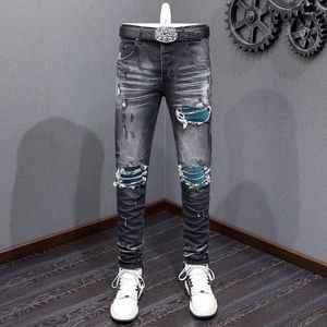 Jeans pour hommes High Street Mode Hommes Rétro Noir Gris Stretch Skinny Fit Ripped Vert Patché Designer Hip Hop Marque Pantalon