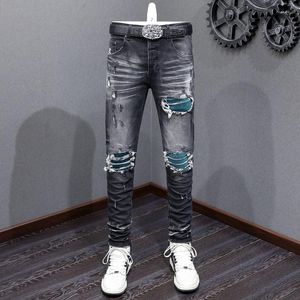 Herenjeans High Street Fashion Heren Retro Zwart Grijs Stretch Skinny Fit Gescheurde Groen Patched Designer Hip Hop Merkbroek