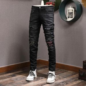 Jeans pour hommes High Street Fashion Hommes Rétro Noir Gris Stretch Élastique Mince Déchiré Patch Designer Hip Hop Marque Pantalon Hombre