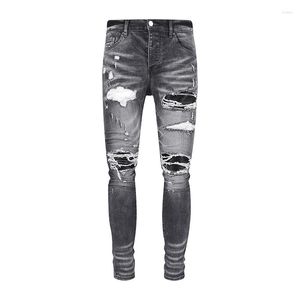 Jeans masculin High Street Fashion Men Retro Gris foncé stress skinny Skinny Ripped Leather Patted Designer Hip Hop Brand Hip Hop Brand