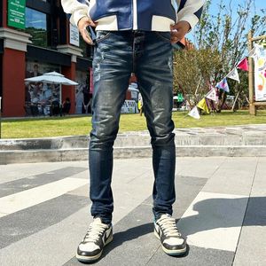 Jeans pour hommes High Street Mode Hommes Rétro Bleu Foncé Stretch Skinny Fit Ripped Marque Designer Boutons Hip Hop Denim Pantalon