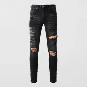 Jeans pour hommes High Street Mode Hommes Rétro Noir Gris Stretch Skinny Fit Ripped Patch Patch Designer Hip Hop Marque Pantalon