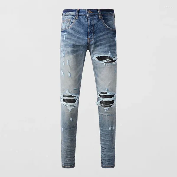 Jeans para hombres High Street Fashion Men Retro Blue Stretch Skinny Fit Ripped Cuero Parcheado Diseñador Hip Hop Marca Pantalones Hombre