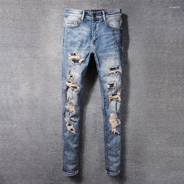 Jeans para hombres High Street Fashion Men Retro Blue Stretch Skinny Fit Ripped Beading Parcheado Diseñador Hip Hop Marca Pantalones Hombre