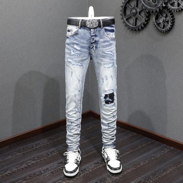Jeans para hombres High Street Fashion Men Retro Light Blue Elástico Flaco Fit Ripped Parcheado Diseñador Hip Hop Marca Pantalones Hombre