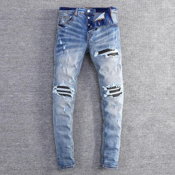 Jeans masculin High Street Fashion Men Retro Blue Stretch Skinny Fit Ripped Black Leather Patted Designer Hip Hop Brand Pantal