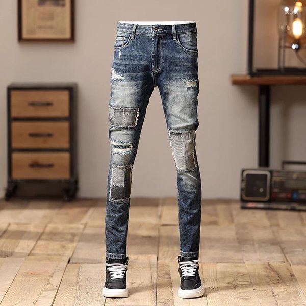 Jeans masculin High Street Fashion Men Retro Lavage Bleu Stretch Skinny Fit Ripped Patted Designer Hip Hop Denim Pantalon Pantalon