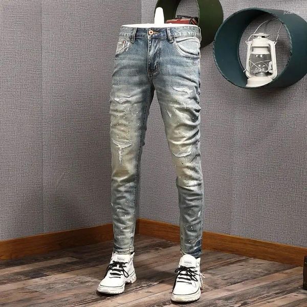 Jeans masculin High Street Fashion Men Retro Washed Blue Stretch Slim Fit Ripped PEINTET HIP HOP HOP HOP PANT