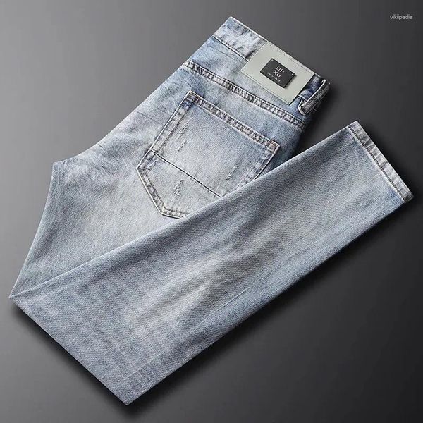 Jeans para hombres High Street Fashion Men Retro Light Blue STRING Fit Slim Designer Patched Hip Hop Denim Pants Hombre