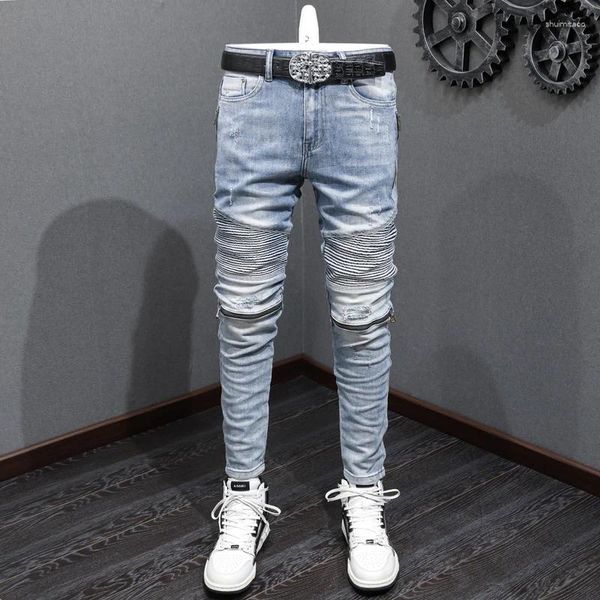 Jeans para hombres High Street Fashion Men Retro Light Blue Slim Fit Elastic Zippers Spled Designer Biker Pathed Hip Hop Pants