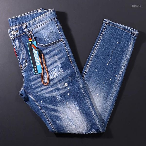 Jeans pour hommes High Street Mode Hommes Rétro Lavé Bleu Élastique Slim Fit Ripped Vintage Designer Denim Crayon Pantalon Hombre