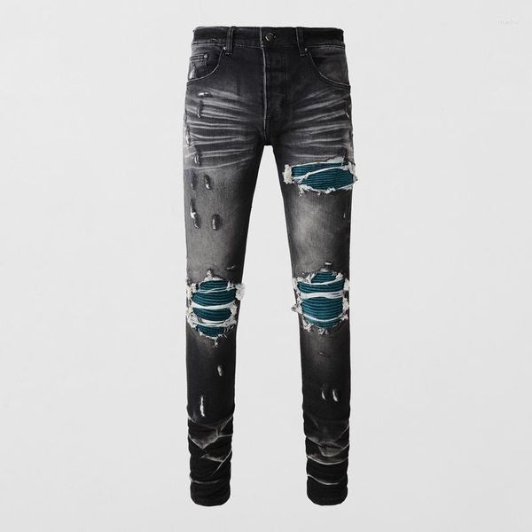 Jeans para hombres High Street Moda Hombres Retro Negro Gris Estiramiento Flaco Rasgado Verde Parcheado Diseñador Hip Hop Marca Pantalones Hombre