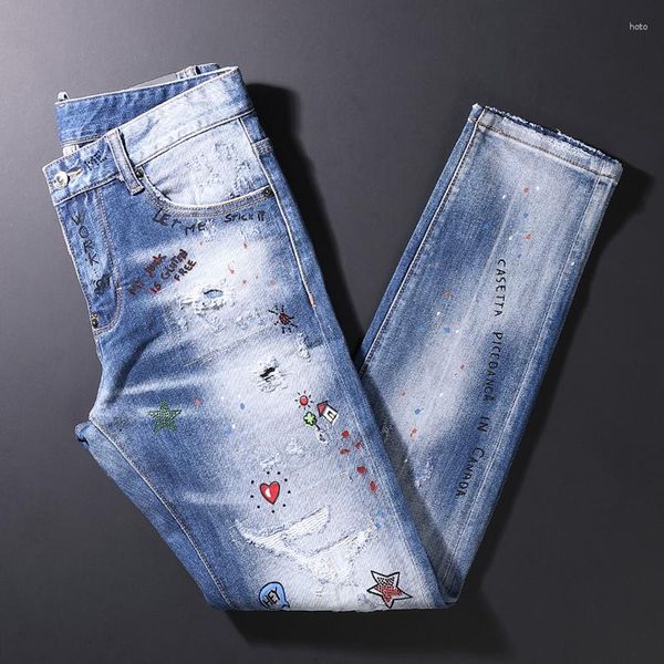 Jeans para hombres High Street Fashion Hombres Retro Azul Elástico Slim Fit Pintado Rasgado Rebordear Diseñador Hip Hop Marca Pantalones Hombre