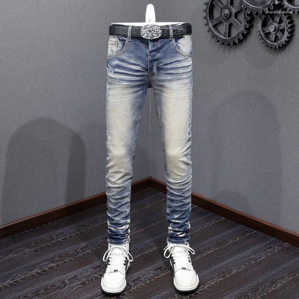 Jeans para hombres High Street Fashion Hombres Retro Lavado Azul Estiramiento Flaco Ajuste Botones rasgados Diseñador de marca Hip Hop Pantalones