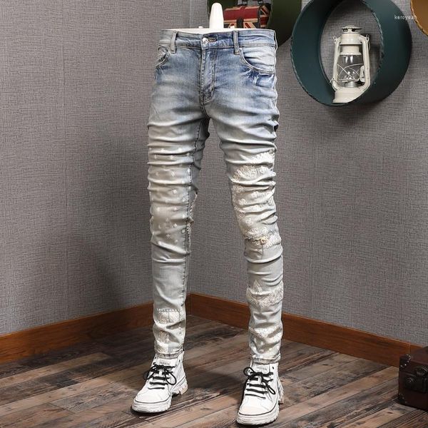 Jeans pour hommes High Street Fashion Hommes Rétro Jaune Bleu Élastique Skinny Fit Déchiré Imprimé Designer Hip Hop Marque Pantalon Hombre