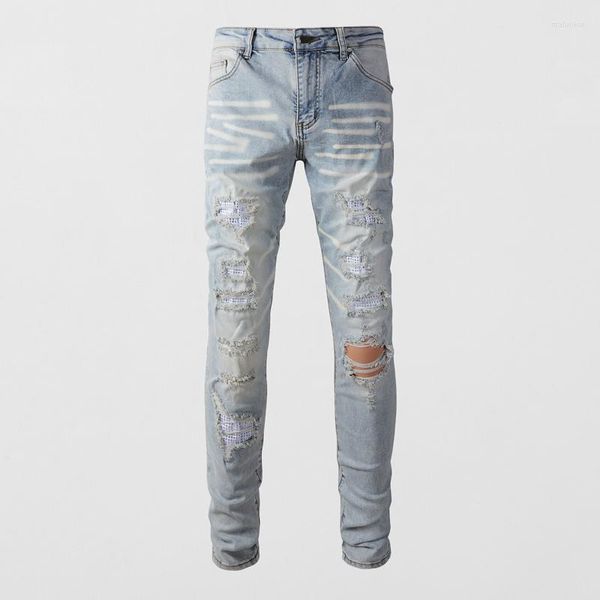 Pantalones vaqueros de los hombres High Street Fashion Hombres Retro Light Blue Beading Patched Designer Stretch Slim Ripped Hip Hop Brand Pants Hombre