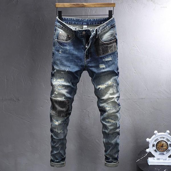 Pantalones vaqueros de hombre de moda de calle alta Retro azul oscuro elástico elástico ajustado rasgado empalmado parcheado diseñador Hip Hop pantalones