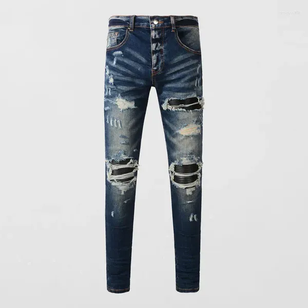 Jeans para hombres High Street Fashion Men Retro Dark Blue Stretch Skinny Fit Ripped Cuero Parcheado Diseñador Hip Hop Marca Pantalones