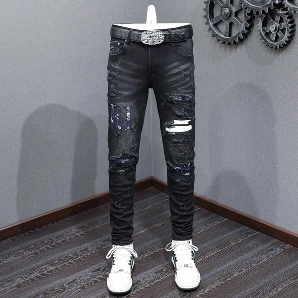 Jeans para hombres High Street Fashion Hombres Retro Negro Gris Stretch Skinny Fit Ripped Blue Patched Designer Hip Hop Brand Pantalones