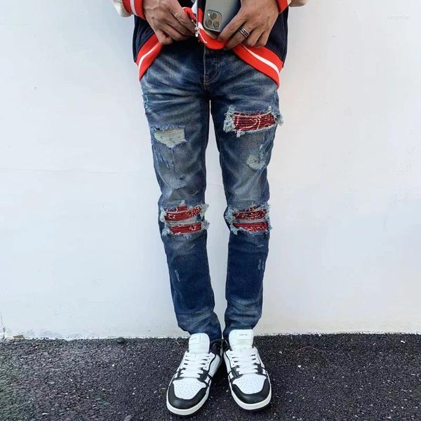 Jeans pour hommes High Street Mode Hommes Rétro Bleu Foncé Stretch Skinny Ripped Rouge Paisley Patché Designer Hip Hop Marque Pantalon