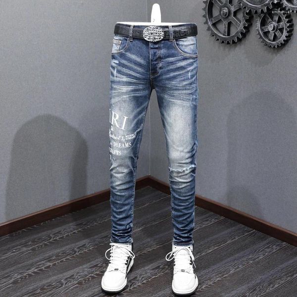 Jeans para hombres High Street Fashion Men Retro Blue Stretch Skinny Fit Ripped Bordado Diseñador Hip Hop Marca Pantalones Hombre