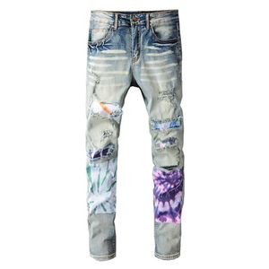 Jeans pour hommes High Street Fashion Vêtements pour hommes Couture Couleur Jeans Trou Patch Slim Fit Leggings