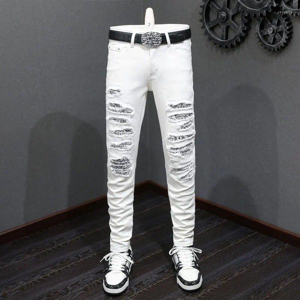 Jeans para hombres High Street Moda Hombres Blanco Estiramiento Elástico Flaco Ajuste Ripped Paisley Parcheado Diseñador Hip Hop Marca Pantalones