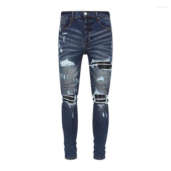 Jeans pour hommes High Street Fashion hommes avec trou en cuir noir patché bleu foncé coupe ajustée déchiré pour pantalon en Denim Hip Hop