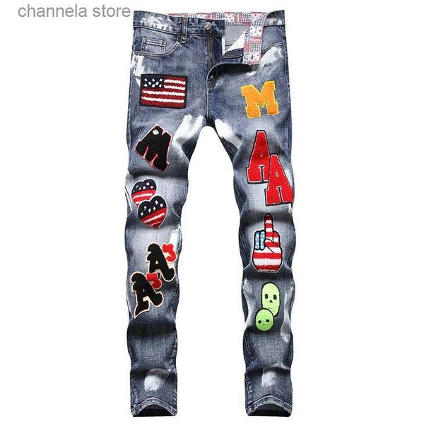 Jeans pour hommes High Street Mode Hommes Jeans Lettre Broderie Designer Peinture À L'huile Dessin Imprimé Jeans Hommes Punk Pantalon Skinny Hip Hop Jeans T240205