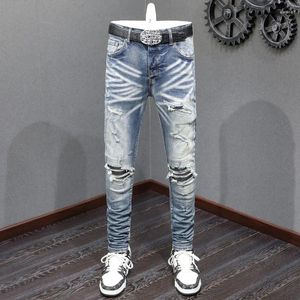 Patch de mode High Street en jean masculin vintage Blue Elastic serré en cuir épissant Pantalon de marque Hip Hop Hip Hop