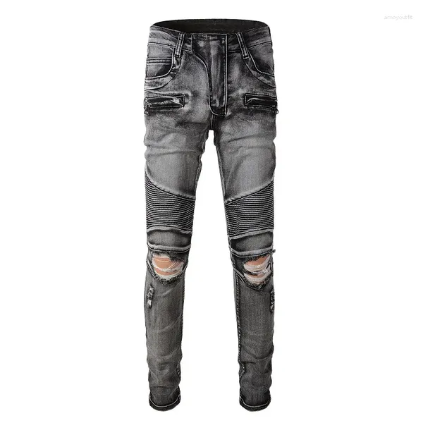 Jeans para hombres Moda de venta al por menor Retro Elástico Slim Fit Destruido Pantalones de motorista rasgados Hombres Parche plisado Hip Hop Streetwear