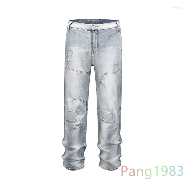 Jeans pour hommes High Street Fashion moto épissé et jambe droite ample portée par les femmes