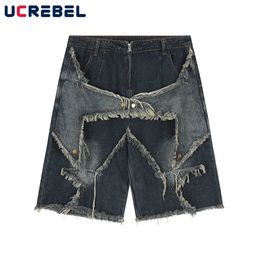 Heren Jeans High Street Fivepointed Star Patch Denim Shorts Heren Zomer Losse Hip Hop Ruwe Rand Knielengte 230517