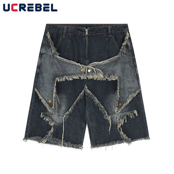 Jeans para hombres High Street Fivepointed Star Patch Denim Shorts Mens Summer Loose Hip Hop Raw Edge Rodilla Longitud 230517
