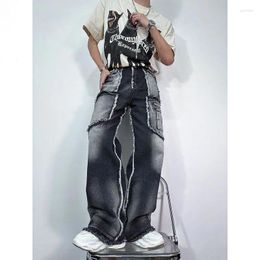 Jeans para hombres High Street Harajuku Tubo recto Empalme Vintage Hombres Moda Lavado Borde áspero Baggy Masculino Oversize Y2K Pantalones