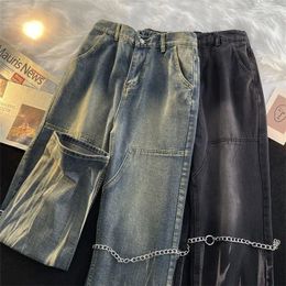 Jeans pour hommes High Street Hiphop Printemps Automne Pantalon en denim droit Lâche Tie-Dye Poches larges Pantalon de chaîne de cowboy