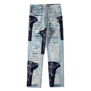 High Street Oversize Baggy Jean Hole Fringe Broderie Pantalon Hommes Color Block Tassel Ripped Retri Denim Pantalon