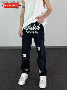 Jeans pour hommes High Street Lettre Brodée Fried Street Pantalon Hip Hop Rétro Lâche Hommes Denim Pantalon Droit Streetwear Casual Jeans PantsL2403