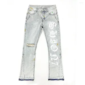 Jeans voor heren High Street Man's Y2k Baggy Letter Print Open zoom uitlopende denim Zware broek Gescheurd op de knie Mannelijke broek
